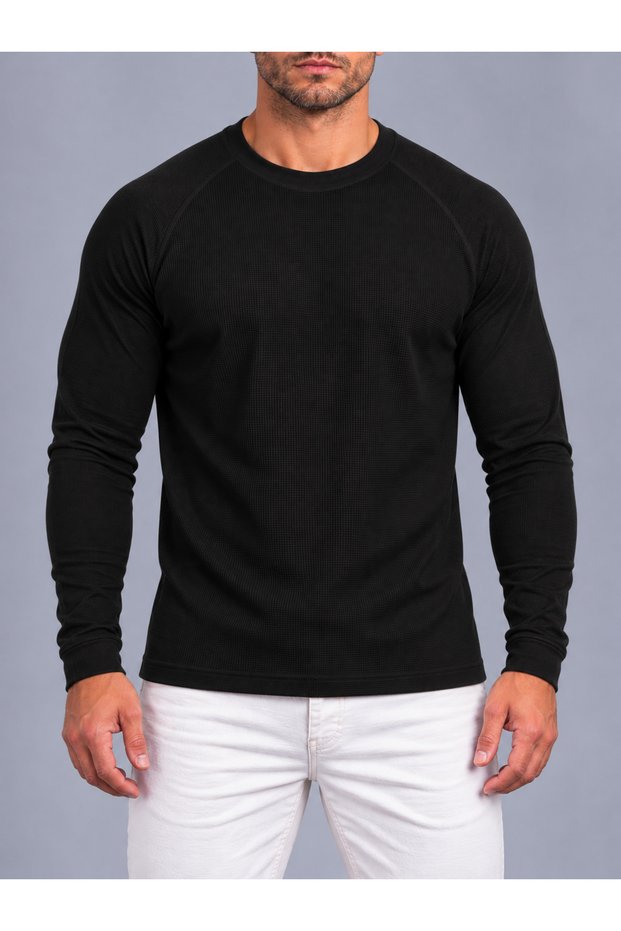 Crew Neck Waffle Textured Sweatshirt