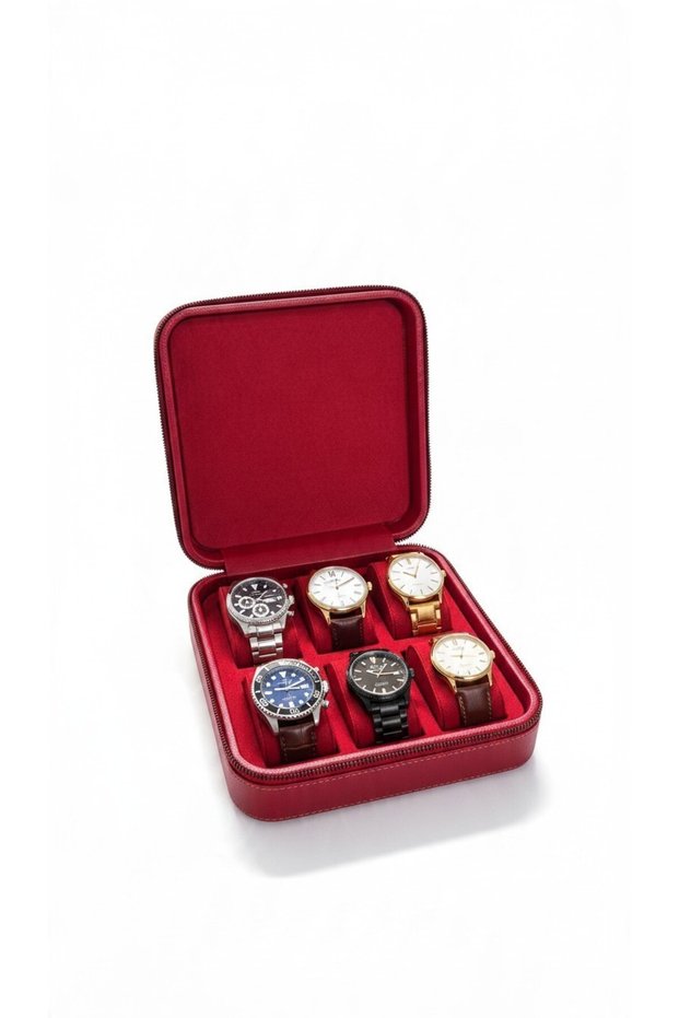 Wooden Case 6-Piece Watch Box |   20×20×7 cm |   Velvet Interior, Zippered Watch Storage Box Red