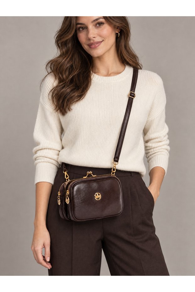Brown Women's Shoulder Bag with Adjustable Strap, Zippered Compartment, Metal Detail, Stylish Daily Bag