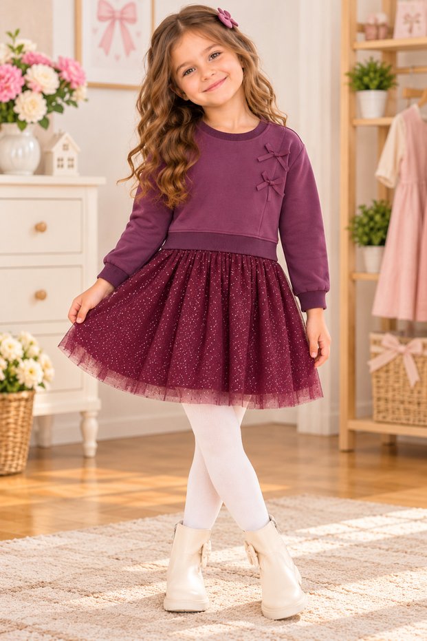 Girl's Bow Tulle Skirt Sweat Dress Casual Dress