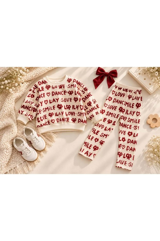 Girl's slogan print top and bottom set with love detail
