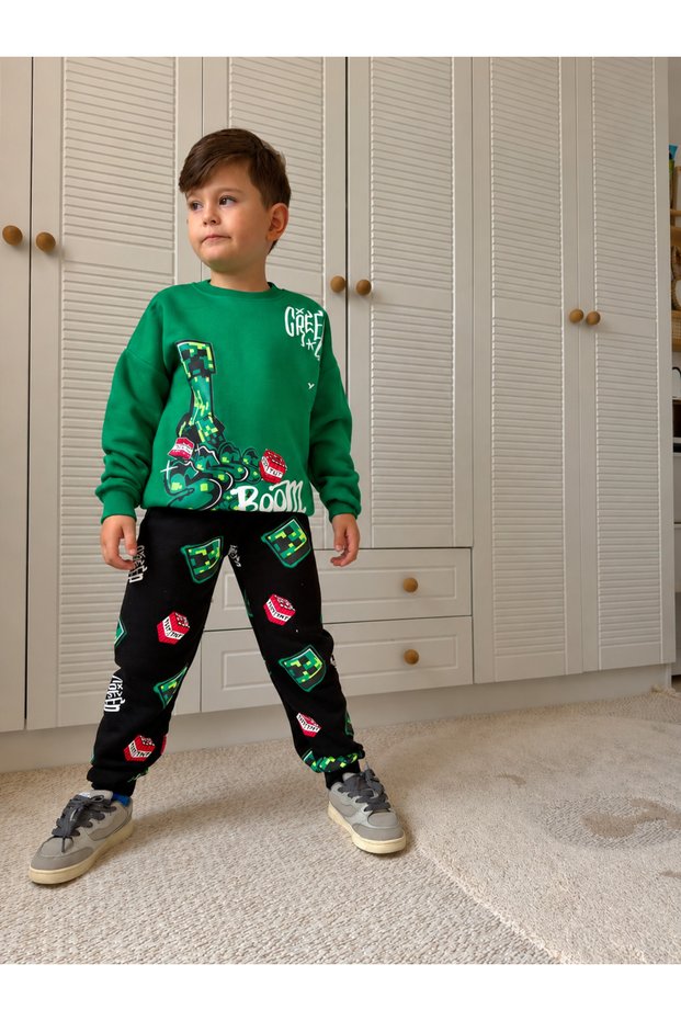 Boys' 3-Thread Ribbed Winter Tracksuit Set: 2-Piece Printed Sweatshirt and Sweatpants