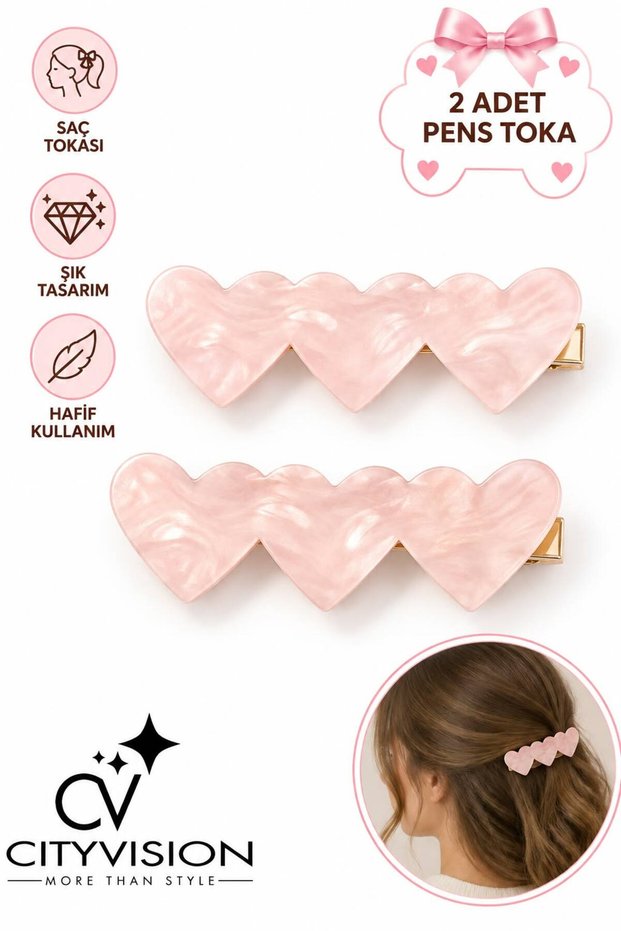 2Pcs Heart Model Pink Gradient Color Acetate Metal Hair Clip