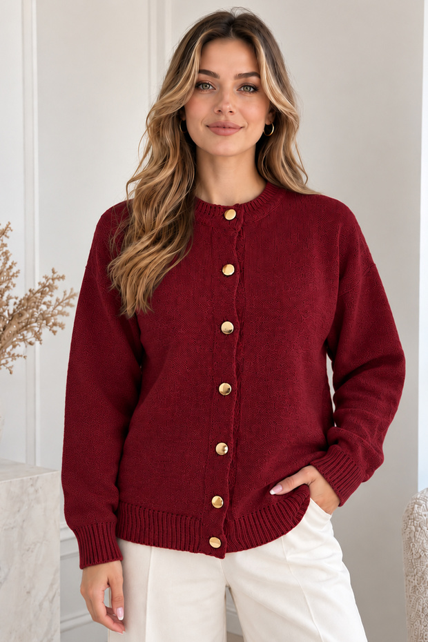Buttoned Knitwear Cardigan N525 Claret Red