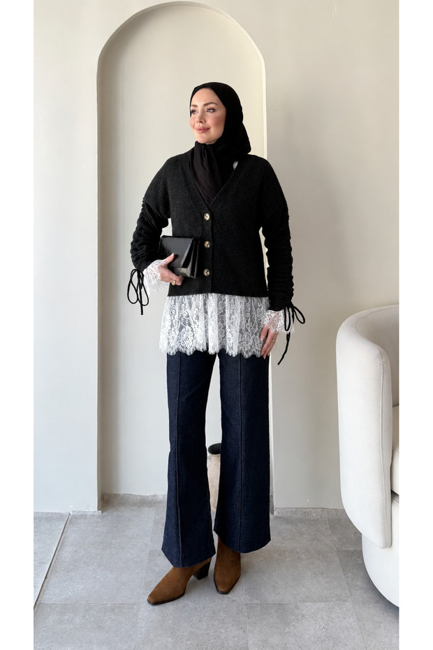 Women's Lace Detailed V-Neck Hijab Knitwear Cardigan - Black