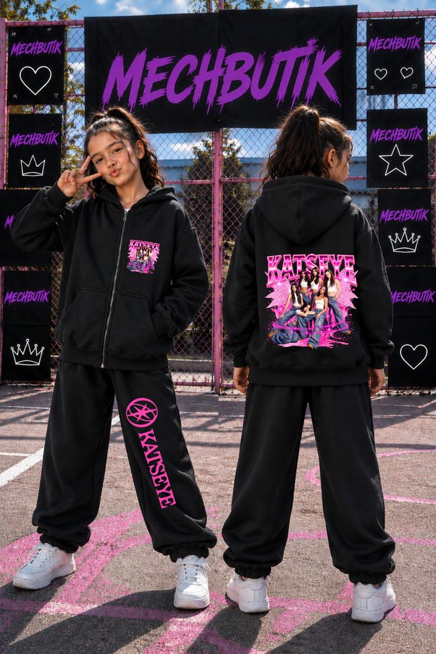 Katseye Printed Black Children's Zippered Cardigan-Sweatpants Set
