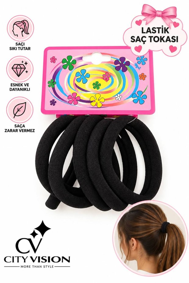 6 Pieces of Black Rubber Hair Ties - Super Hold for Hair