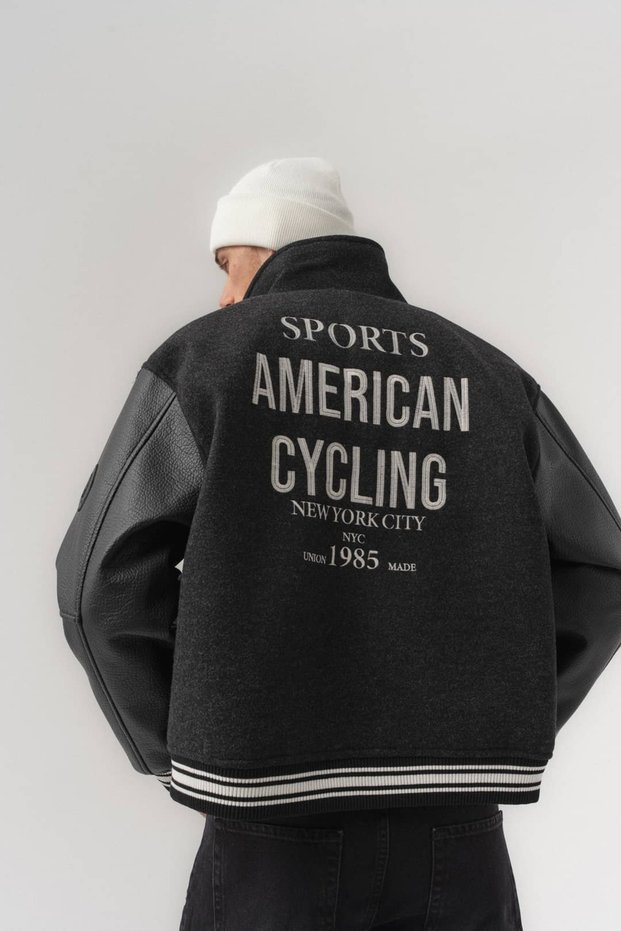 Rideclub Men's Coat with Embroidered Back, Cashmere Body, Leather Sleeves and Snap Closure