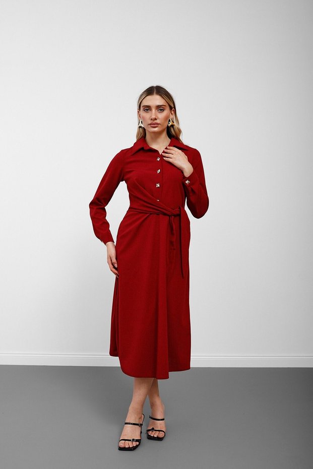Burgundy Shirt Collar Buttoned Front Knotted Long Sleeve Dress