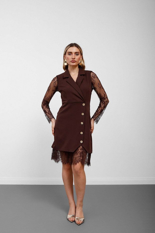 Brown Double-Breasted Lace Sleeve Jacket Dress