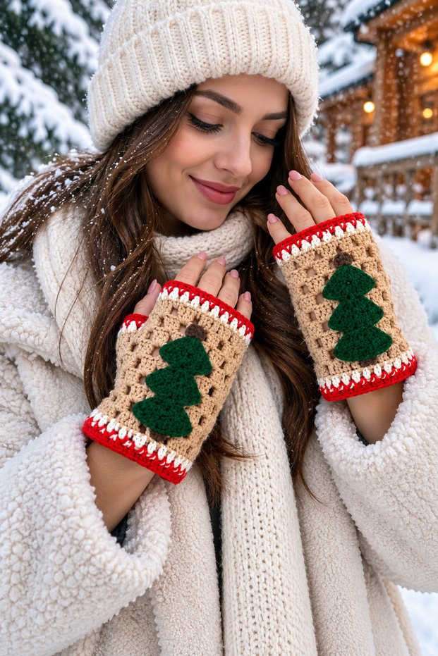 Christmas Concept Pine Tree Pattern Knitted Gloves – Stylish and Adorable Design for Winter