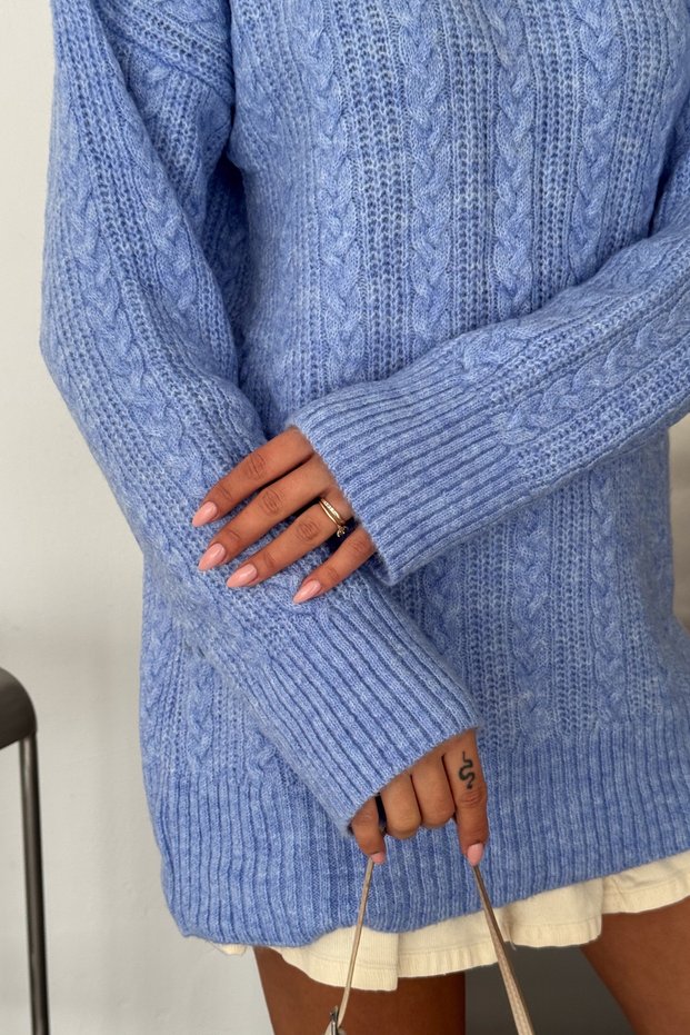Women's Blue Knitted Crew Neck Oversize Long Sleeve Knitwear Sweater (Length 70 cm)