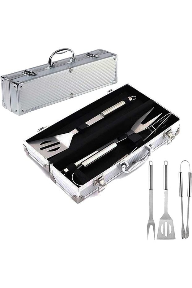 Stainless Steel BBQ Grill Tool Kit 3 PCS Set : Tong, Meat Fork, Spatula + Black Carrying Bag for Picnic Camping Travel Cooking Grilling with Aluminium Box