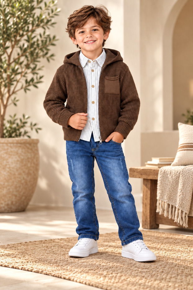 Boy's Knitwear Sweater, Hooded Shirt and Trousers 3-Piece Set for Holidays