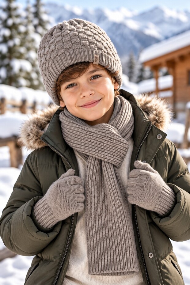 Ki̇tti̇ 26180-12 Men's 9-15 Years Old Scarf, Beanie, Gloves Set
