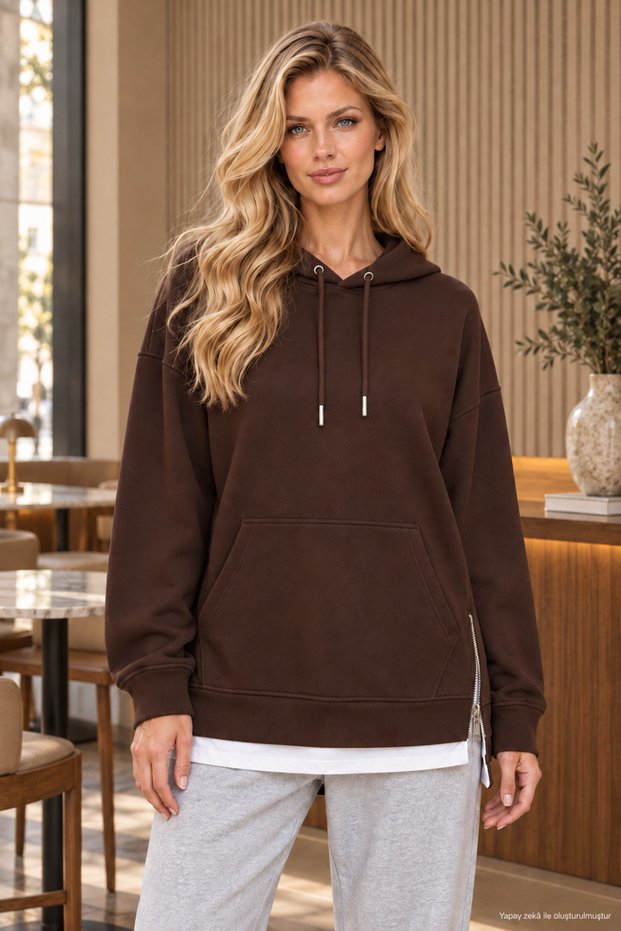 Side Zipper Detailed Hooded Shawl Collar Blouse Brown