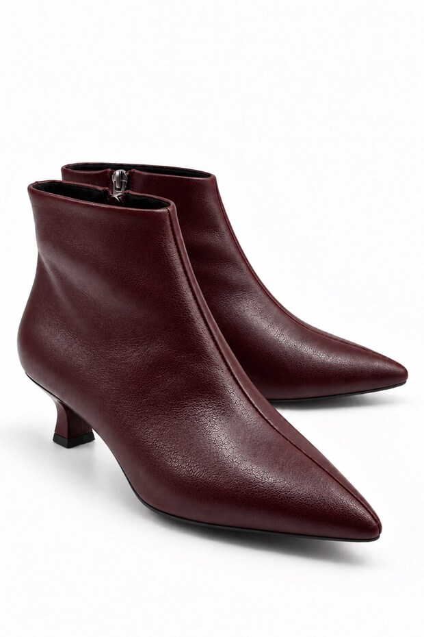 Denis Women's Burgundy Leather Pointed Toe Low Goblet Heeled Side Zipper Stylish Boots 3.5 cm Heel (Narrow Fit)