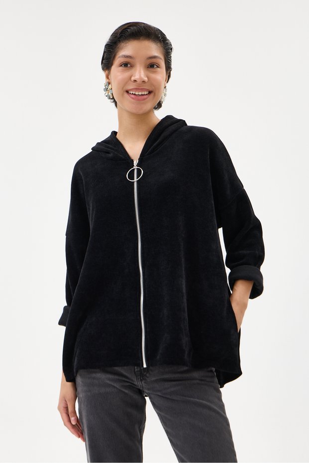 Women's Black Italian Hooded Zippered Oversize Velvet Jacket Size 38 - 44