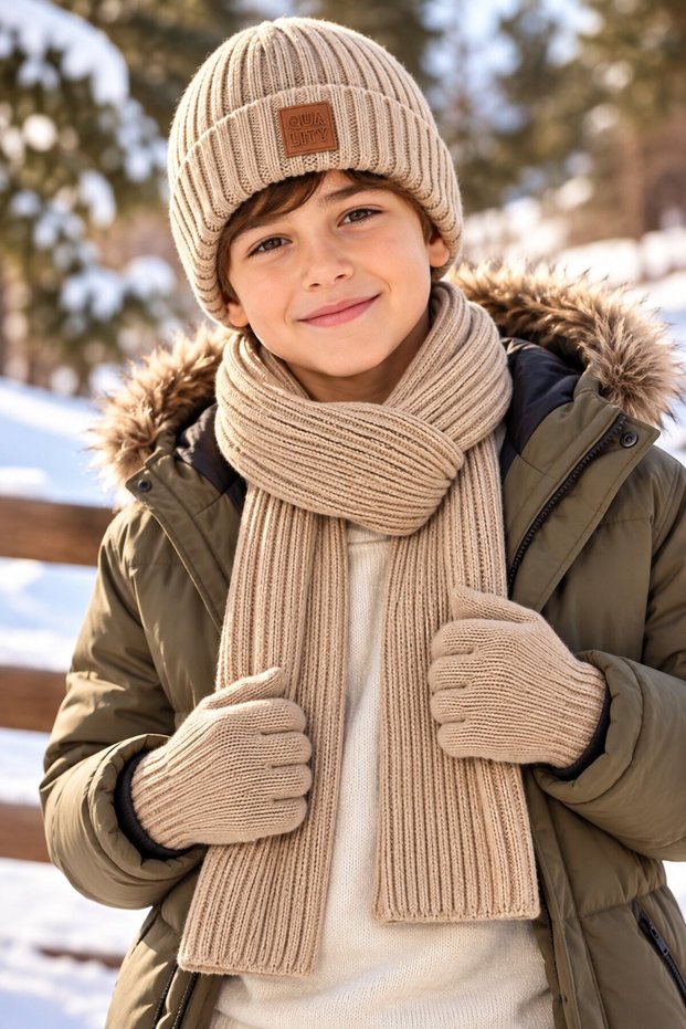 Ki̇tti̇ 26180-07 Men's 9-15 Years Old Scarf, Beanie, Gloves Set