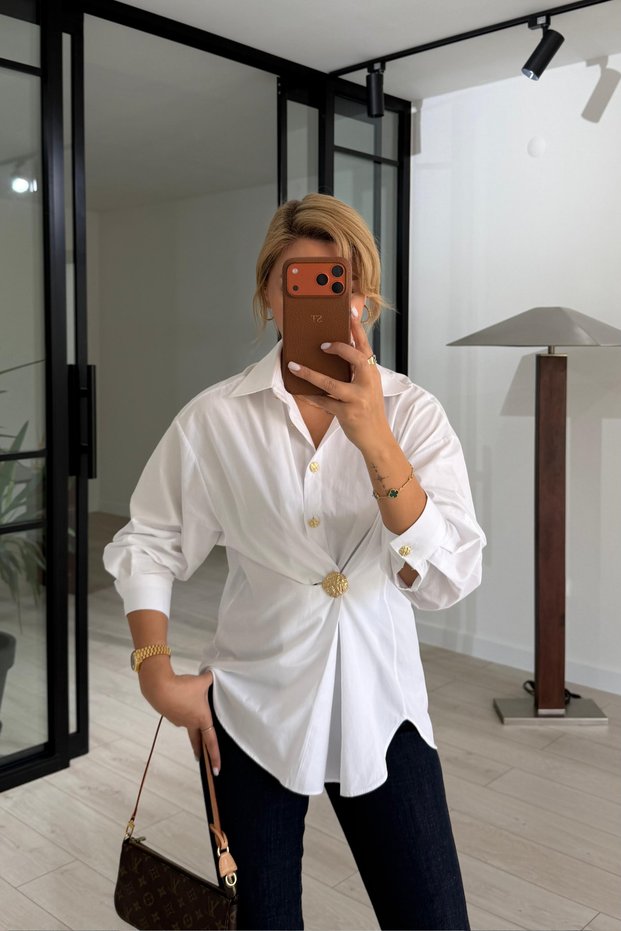 White Poplin Shirt with Gold Accessory Buttons
