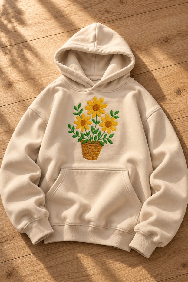 Unisex Vintage Floral Pattern Oversized Hooded Sweatshirt Daisy Basket Embroidery Look Printed Hoodie with Kangaroo Pocket