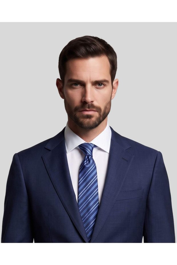 White Pinstripe Navy Blue Silk Tie – 7.5 cm Wide