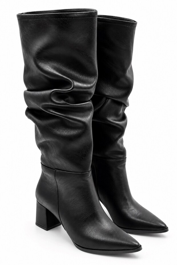 Mia Women's Black Leather Bellows Below-Knee Thick Heeled Pointed Toe Stylish and Comfortable Boots 6.5 cm Heel (Narrow Fit)