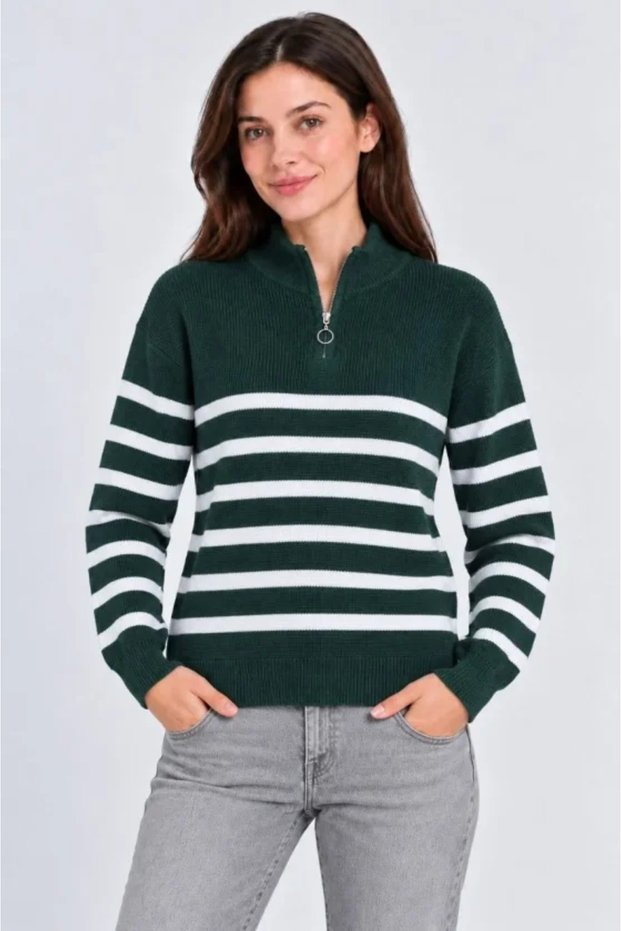 High neck half zippered striped thessaloniki knitwear sweater - naphtha green
