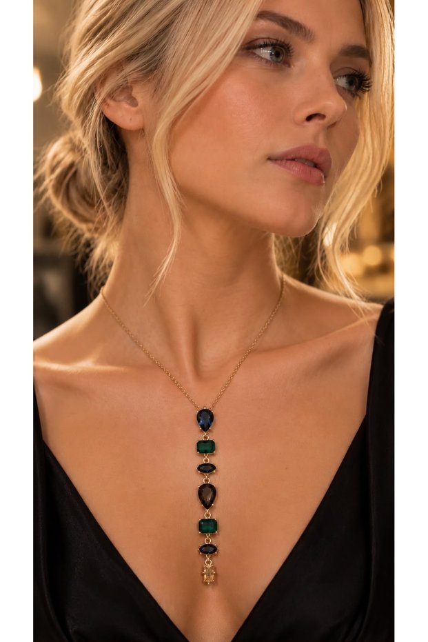 Women's Colorful Crystal Stone Detailed Gold Chain Elegant Long Necklace