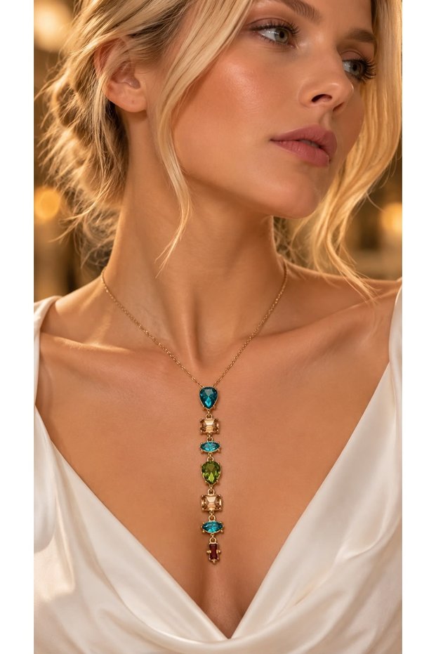 Women's Colorful Stone Gold Plated Long Chain Dangle Necklace