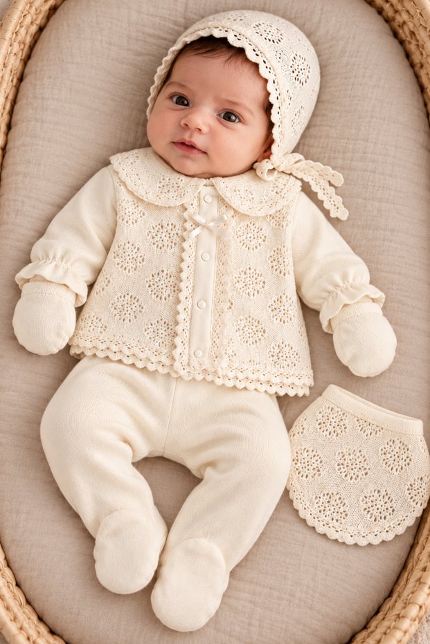 Newborn Baby Girl Lace Detailed Hat and Booties 5-Piece Hospital Discharge Set Ecru