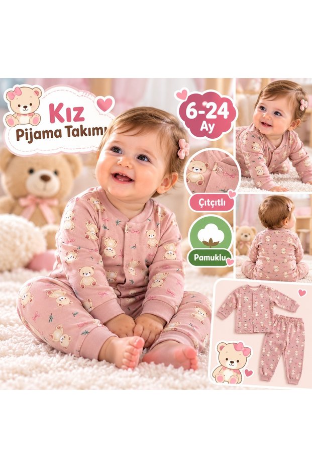 Cotton Snap Fastener Girls' Newborn Baby Elastic Waist Long Sleeve Top and Bottom Pajama Set 6-24 Months