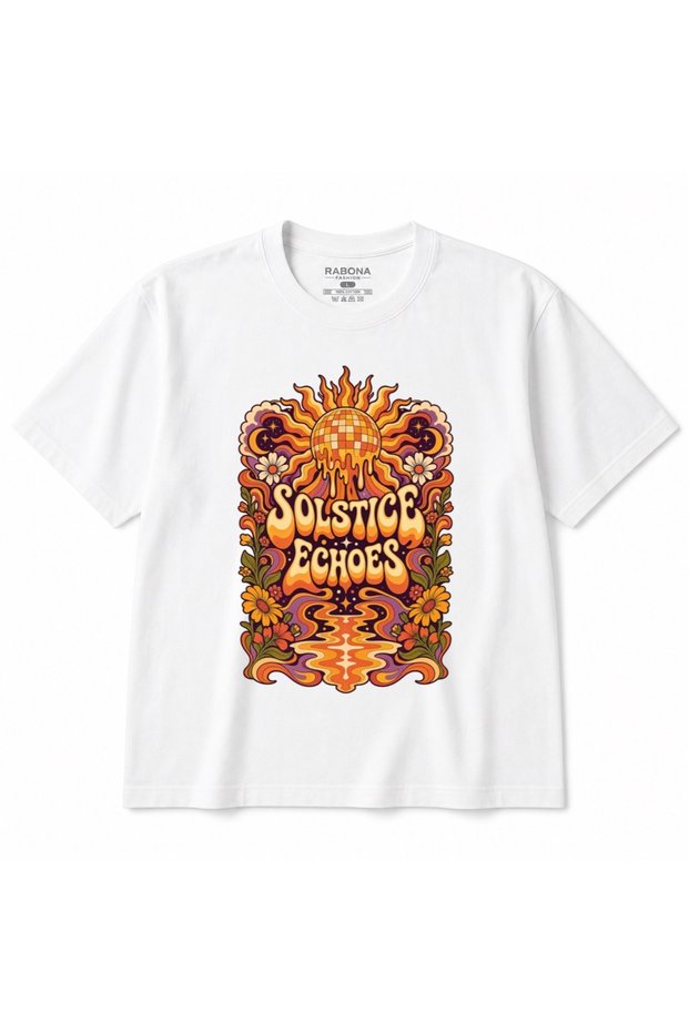 Solstice Echoes – Retro Psychedelic Sun and Disco Ball Back Print Graphic T-Shirt