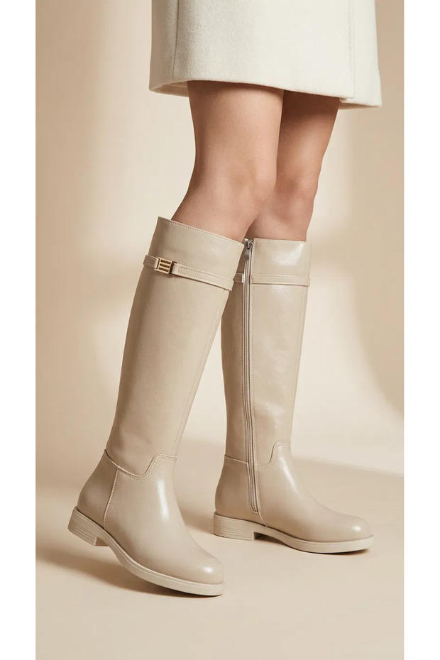 Women's Frida Minimal Flat Sole Buckle Boots - Nude Leather