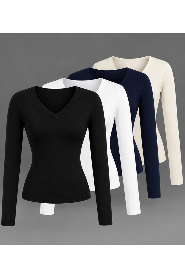 Women's Boat Neck Long Sleeve 4-Piece Set 4 Colors (Black - White - Navy Blue - Ecru) Cotton Lycra T-Shirt