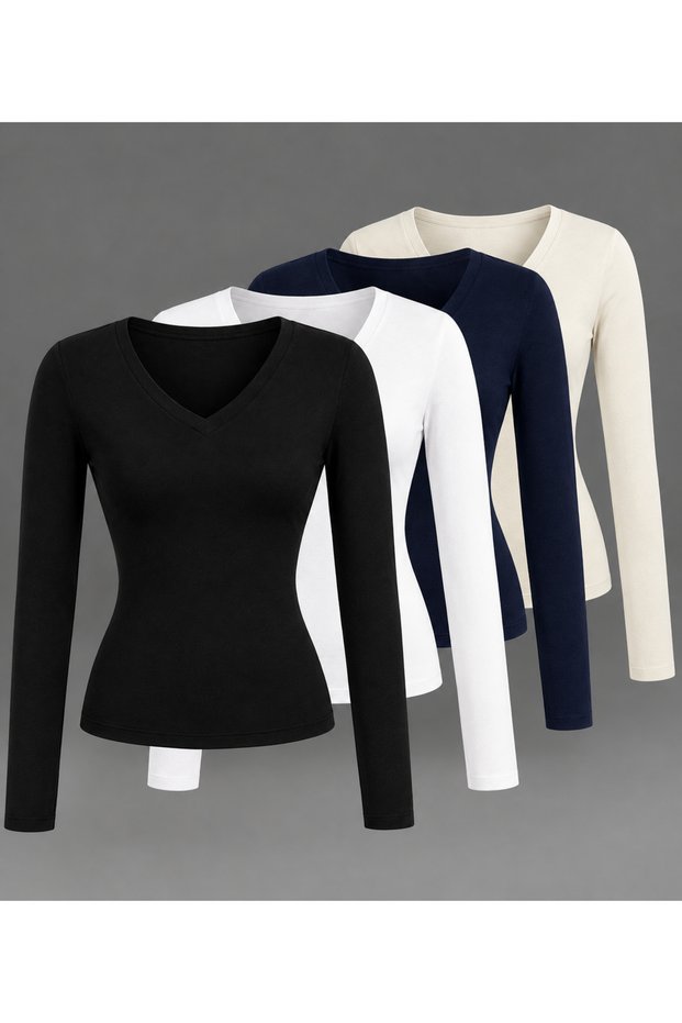 Women's Boat Neck Long Sleeve 4-Piece Set 4 Colors (Black - White - Navy Blue - Ecru) Cotton Lycra T-Shirt