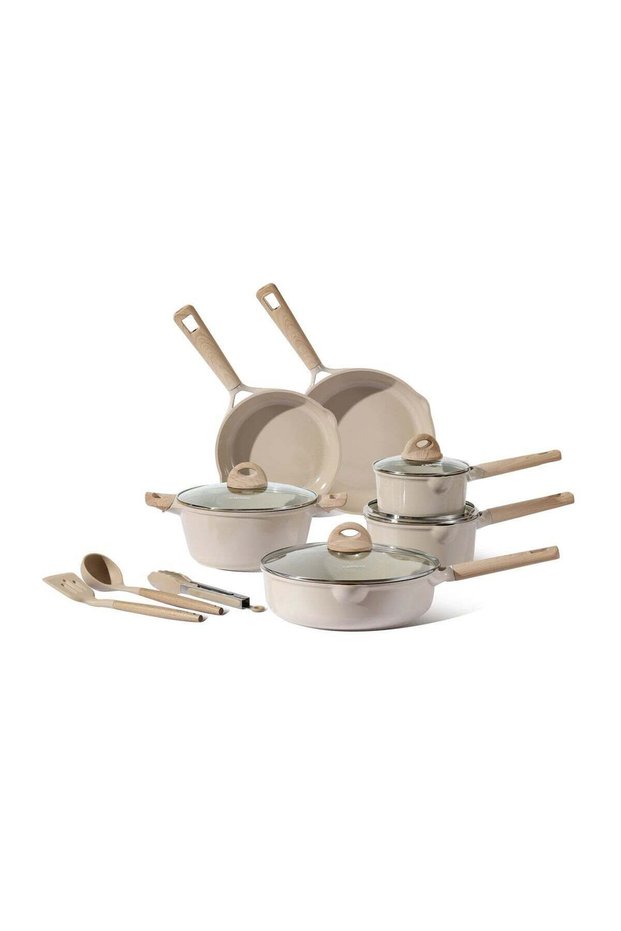 13-Piece Ceramic Nonstick Cookware Set with Wooden Soft-Touch Handles, Taupe
