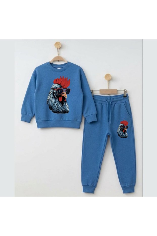 Team Sweatshirt with Glasses and Rooster Print for Girls and Boys, Crew Neck