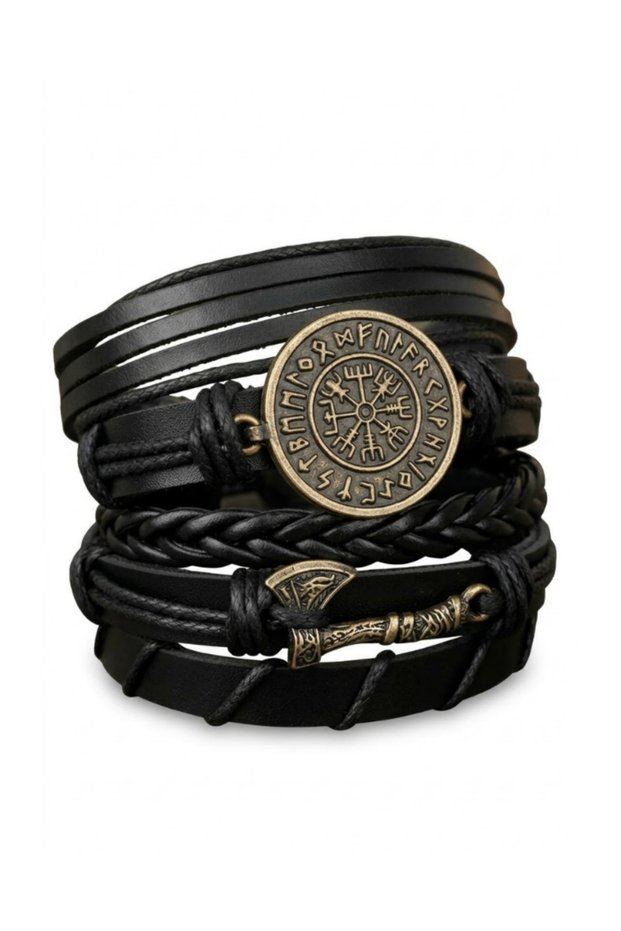 Vegvi̇si̇r and Axe Antique Yellow Figure 5-Piece Genuine Leather Bracelet Real Leather Bracelet Men's Bracelet