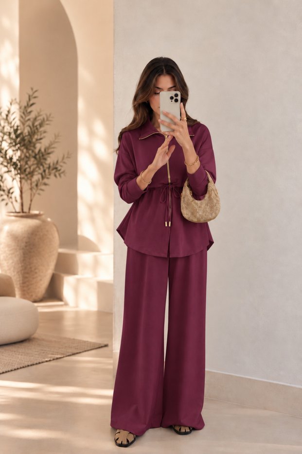 Gold Zippered Women's Trouser Suit with Waist Tunnel