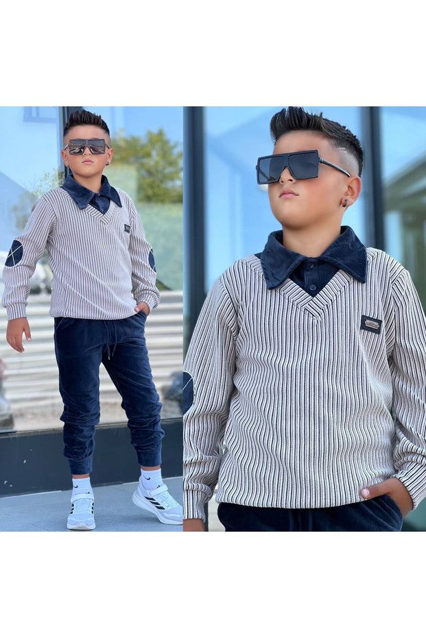 Boys' Ribbed V-Neck Collar Knit Sweater and Velvet Trousers Two-Piece Set