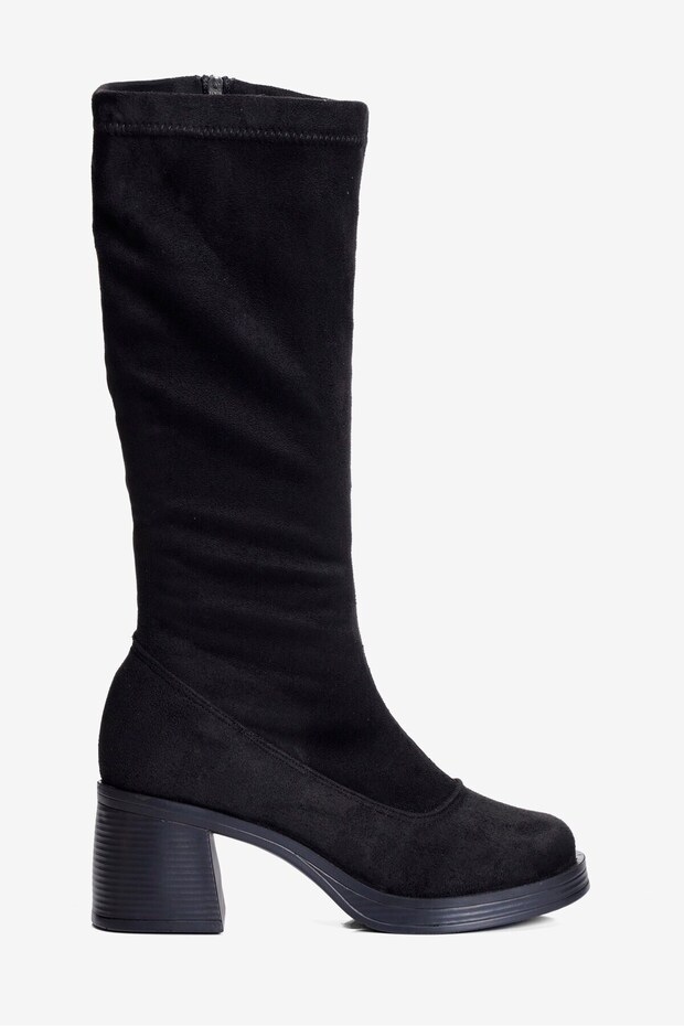 Women's Suede Stretch Boots with Zipper, Thick Heels, Oval Toe, Vionne Black