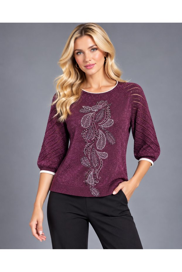 Silvery Stone Embroidered Openwork Sleeve Women's Knitwear Blouse Standard Size