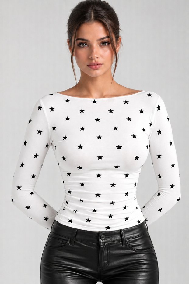 White Star Patterned White Boat Neck Long Sleeve Slim Fit Blouse