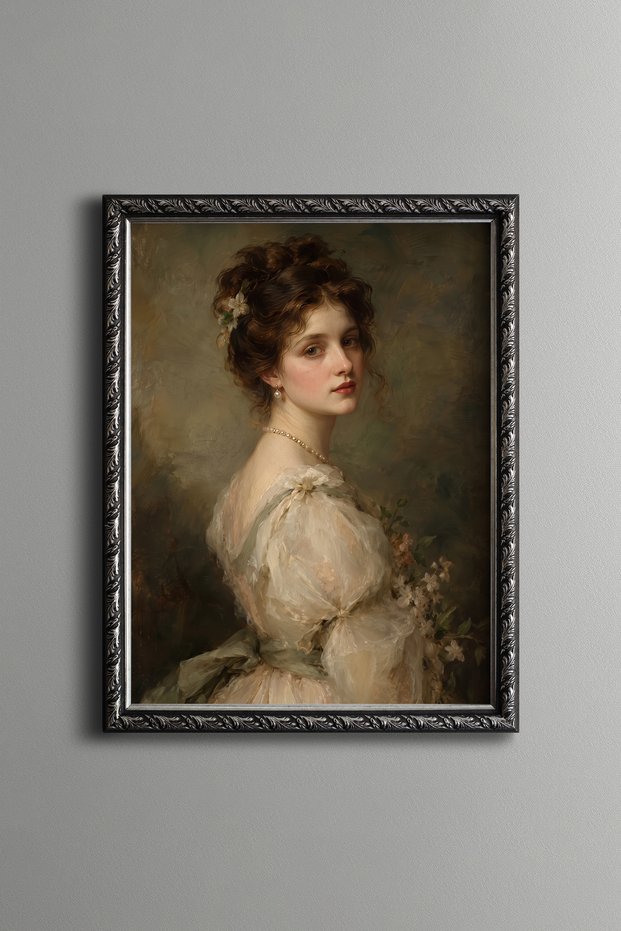 Portrait of Woman with Pearl Necklace - Vintage Patterned Painting - Slim Model