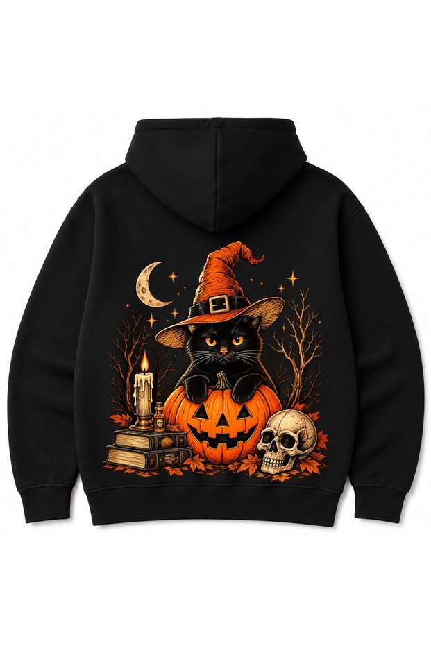 Black Cat with Witch Hat – Pumpkin and Halloween Hoodie