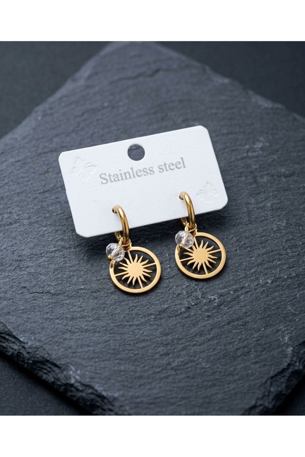 Hanging Crystal Bead Sun Detailed Steel Earrings