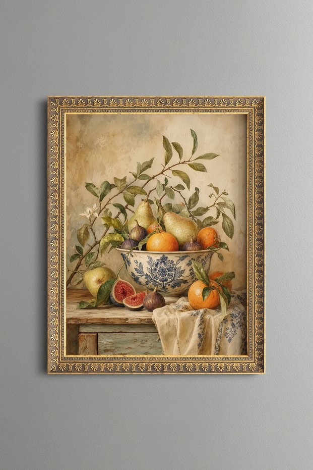 Çini Kâsede Meyveler - Vintage Patterned Painting - Fine Model