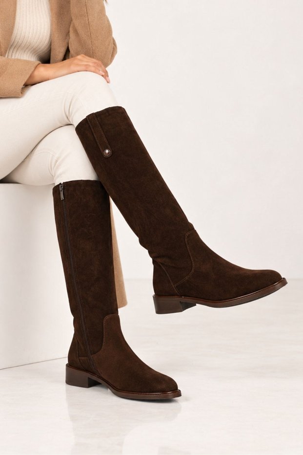 Laceless Zippered Genuine Leather XL Wide Conch Riding Boots 334-3952-23 Women's Boots