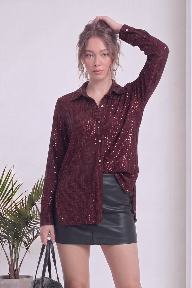 Women's Sequined Long Sleeve Shirt with Collar Slit Detail Woven Shirt Burgundy